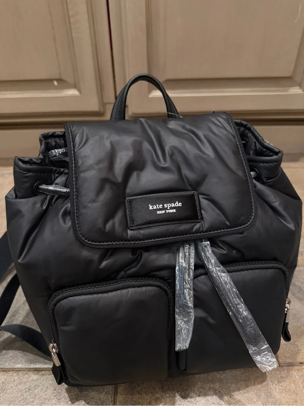 kate spade Black Nylon Roll-Top Backpack with Front Pockets